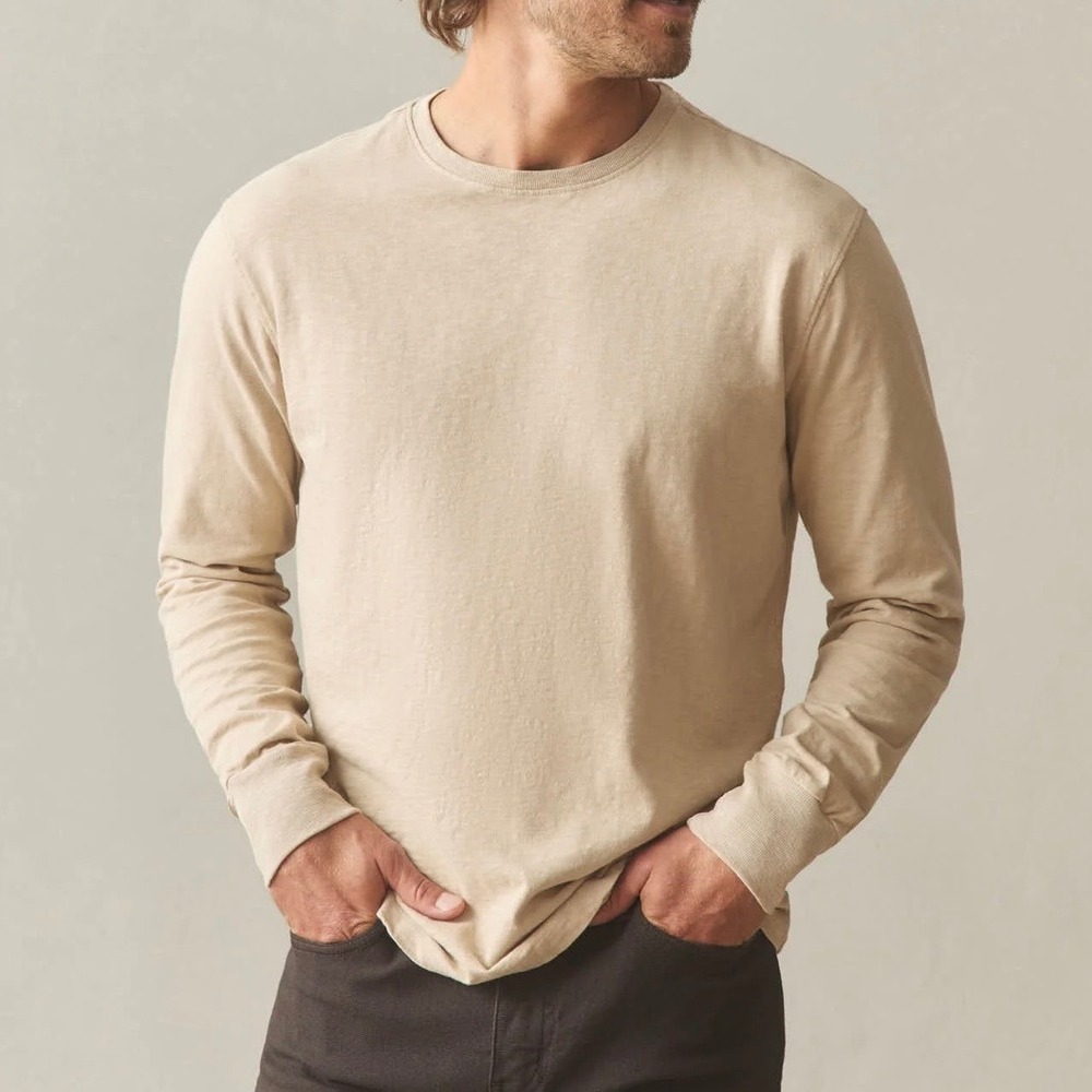 NWOT American Giant Men's Premium Slub Crew Tee Long Sleeve T-Shirt Beige Small